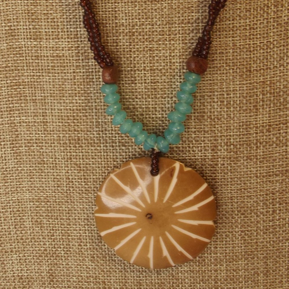 Carved Shell Pendant seed bead sea glass aquamarine beads